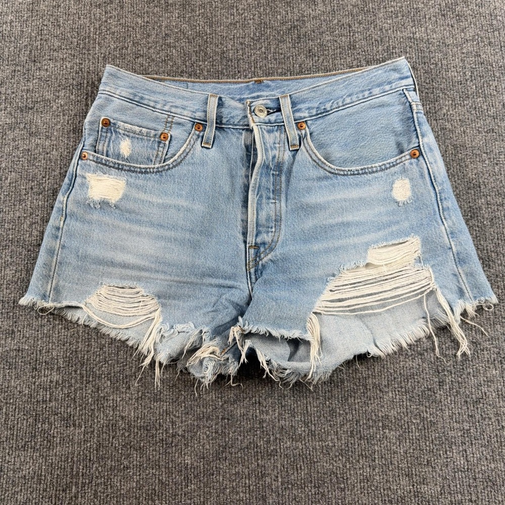 Levis 501 Shorts Womens 26 Light Wash Denim High Rise Distressed Cutoff Raw Hem